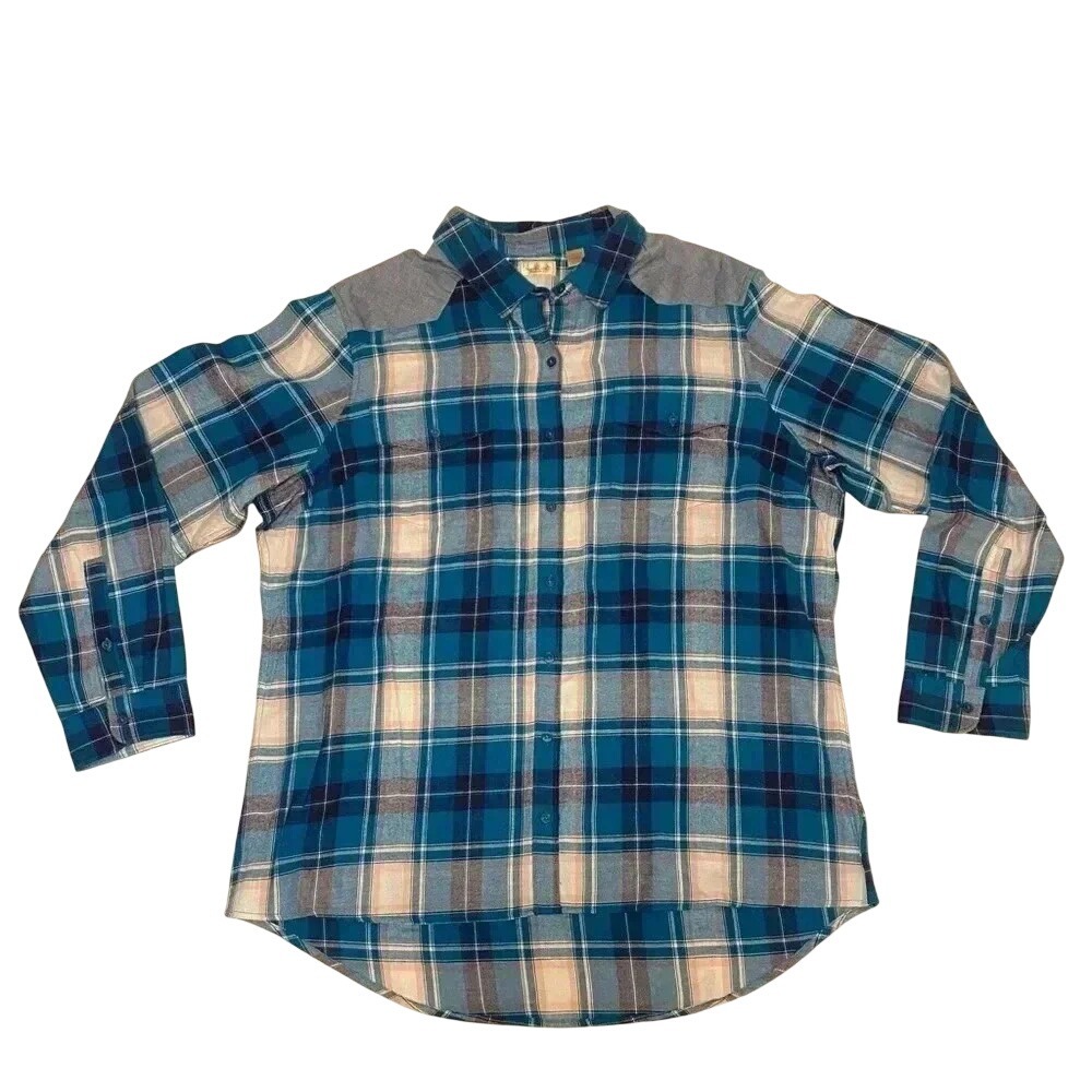 NorthCrest Womens Plus 1X Teal Blue Peach Plaid Cotton Flannel Button Down Shirt